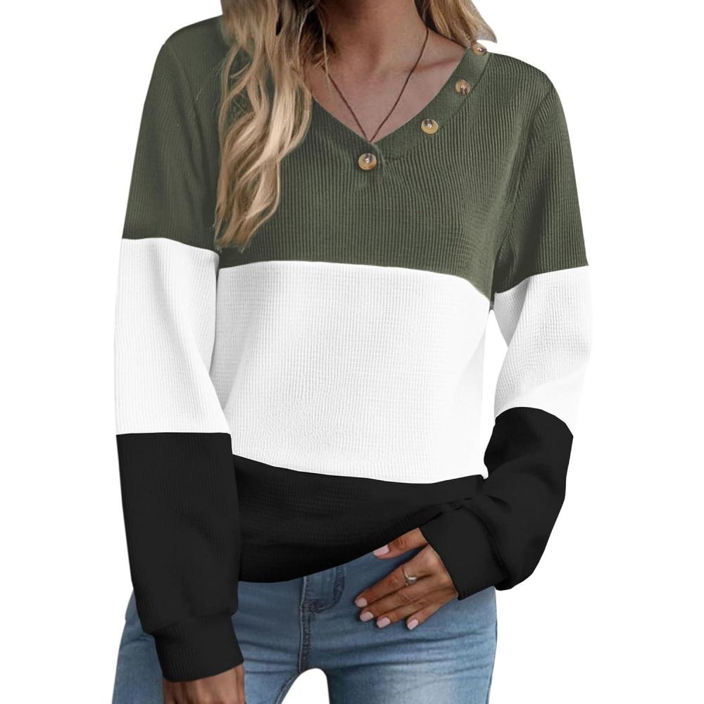 imageZeagoo Women Waffle Knit Tops V Neck Long Sleeve Tunics Color Block Casual Blouse Fall Fashion 2026 Button Decor T ShirtArmy GreenWhiteBlack