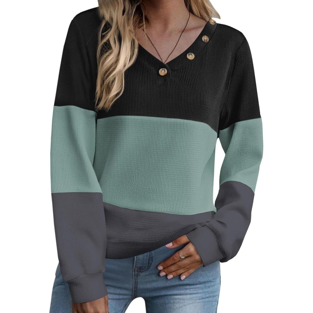 imageZeagoo Women Waffle Knit Tops V Neck Long Sleeve Tunics Color Block Casual Blouse Fall Fashion 2026 Button Decor T ShirtBlackGreenGrey
