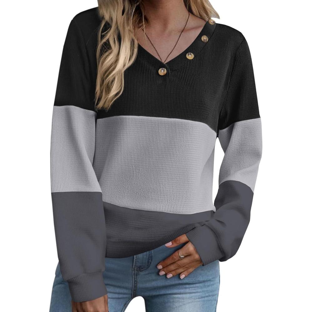 imageZeagoo Women Waffle Knit Tops V Neck Long Sleeve Tunics Color Block Casual Blouse Fall Fashion 2026 Button Decor T ShirtBlackGrey
