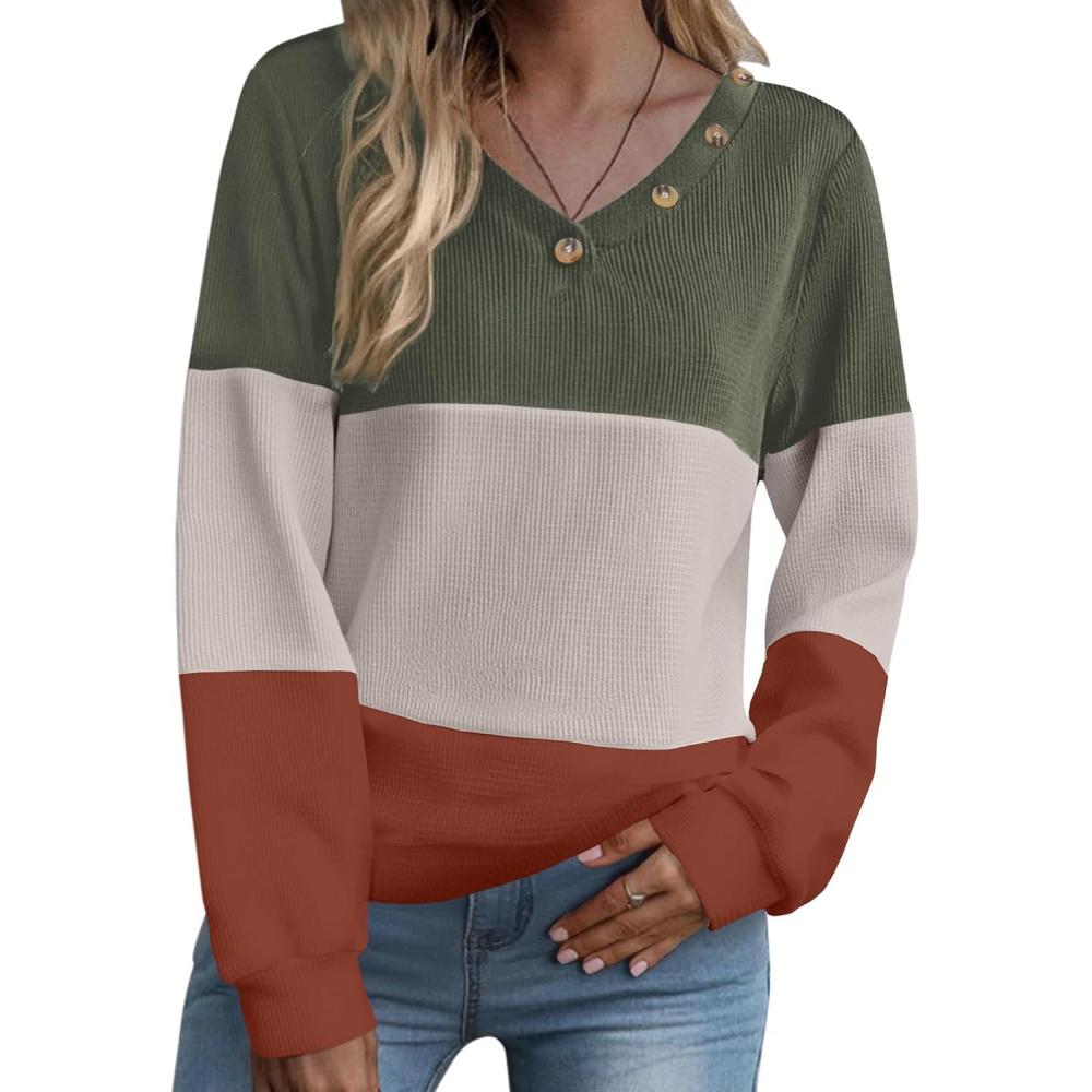 imageZeagoo Women Waffle Knit Tops V Neck Long Sleeve Tunics Color Block Casual Blouse Fall Fashion 2026 Button Decor T ShirtGreenGreyOrange