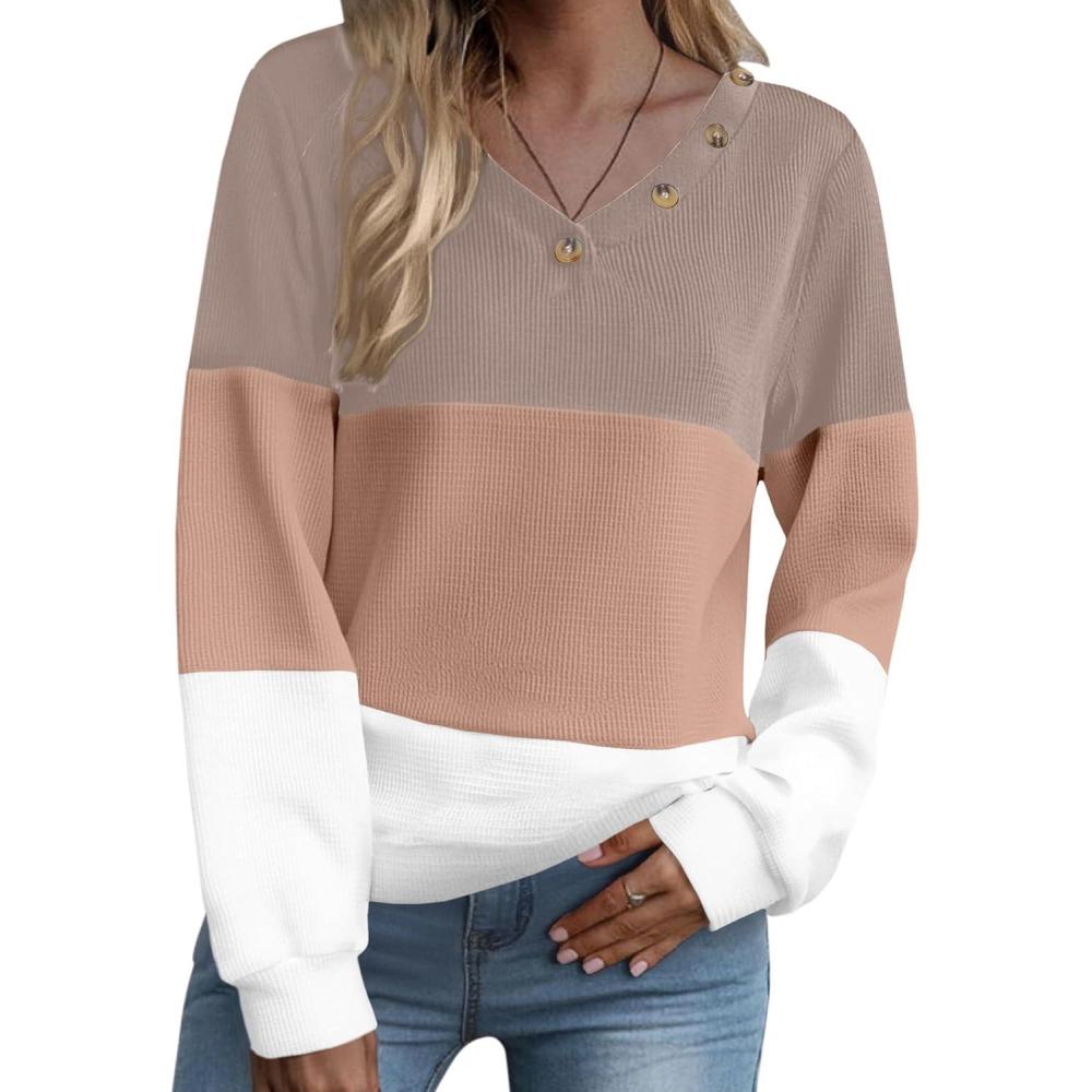 imageZeagoo Women Waffle Knit Tops V Neck Long Sleeve Tunics Color Block Casual Blouse Fall Fashion 2026 Button Decor T ShirtKhakiWhite