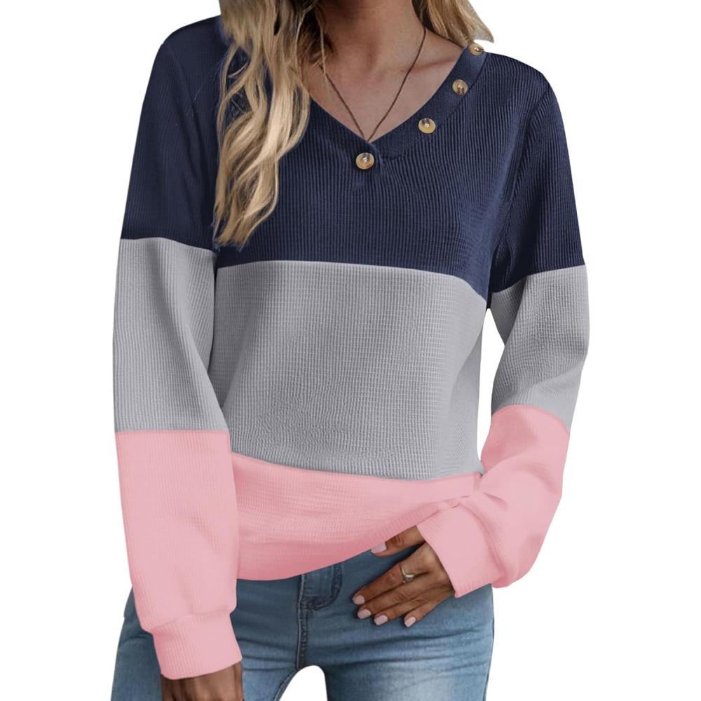 imageZeagoo Women Waffle Knit Tops V Neck Long Sleeve Tunics Color Block Casual Blouse Fall Fashion 2026 Button Decor T ShirtNavy BlueGreyPink