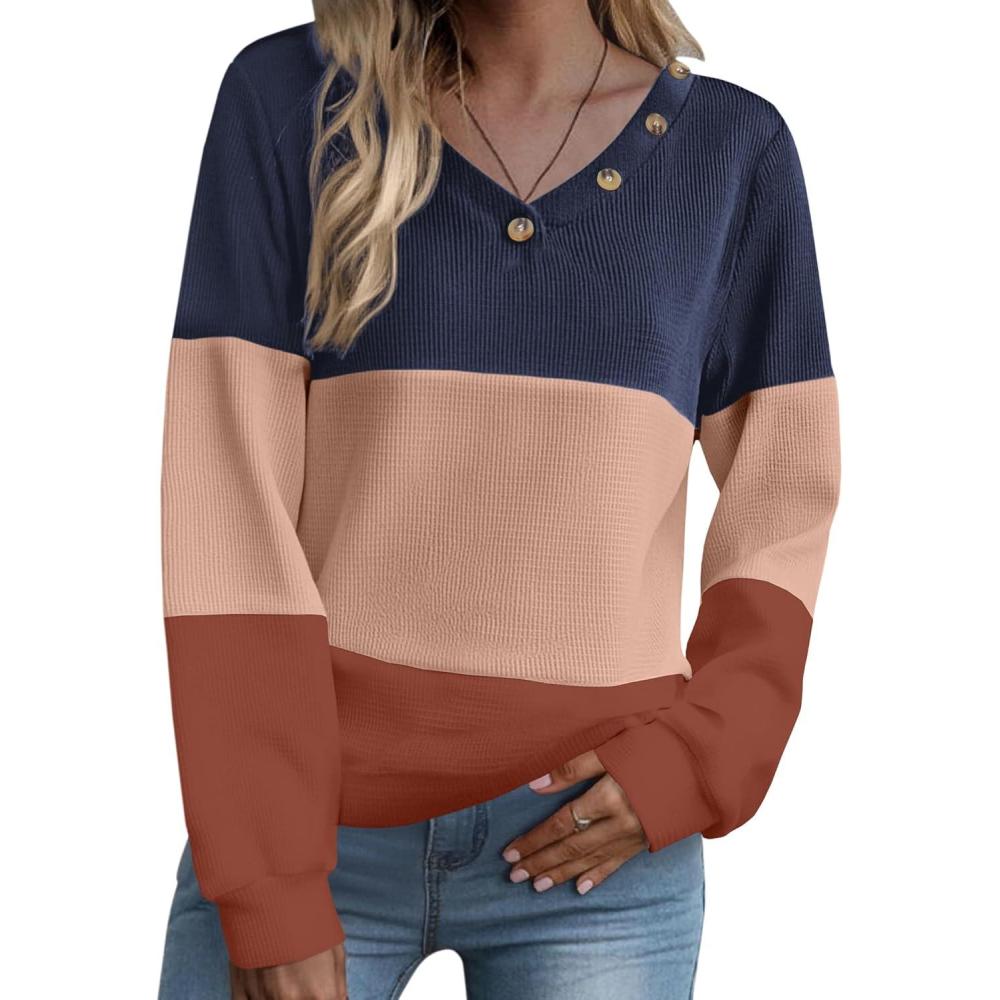 imageZeagoo Women Waffle Knit Tops V Neck Long Sleeve Tunics Color Block Casual Blouse Fall Fashion 2026 Button Decor T ShirtNavy BlueKhakiOrange