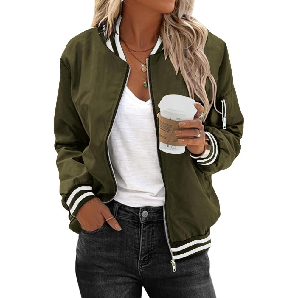 imageZeagoo Womens Bomber Jacket Casual Coat Zip Up Spring Fall Clothes with Pockets SXXLArmy Green Stripes