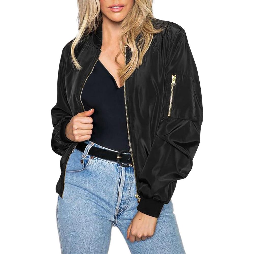imageZeagoo Womens Bomber Jacket Casual Coat Zip Up Spring Fall Clothes with Pockets SXXLSatinblack