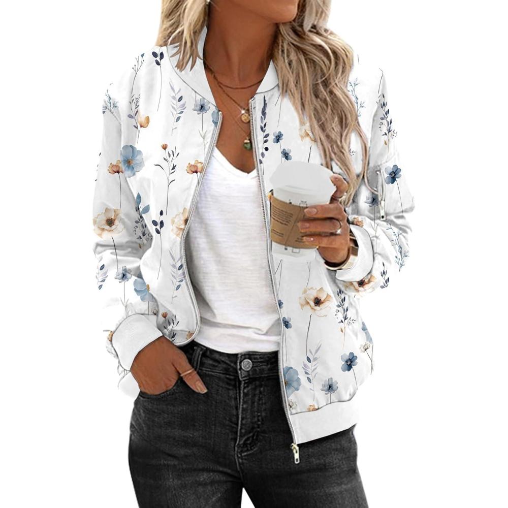 imageZeagoo Womens Bomber Jacket Casual Coat Zip Up Spring Fall Clothes with Pockets SXXLWhite Print
