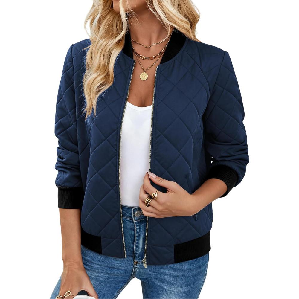 imageZeagoo Womens Bomber Jacket Casual Coat Zip Up Spring Fall Clothes with Pockets SXXLZnavy Blue