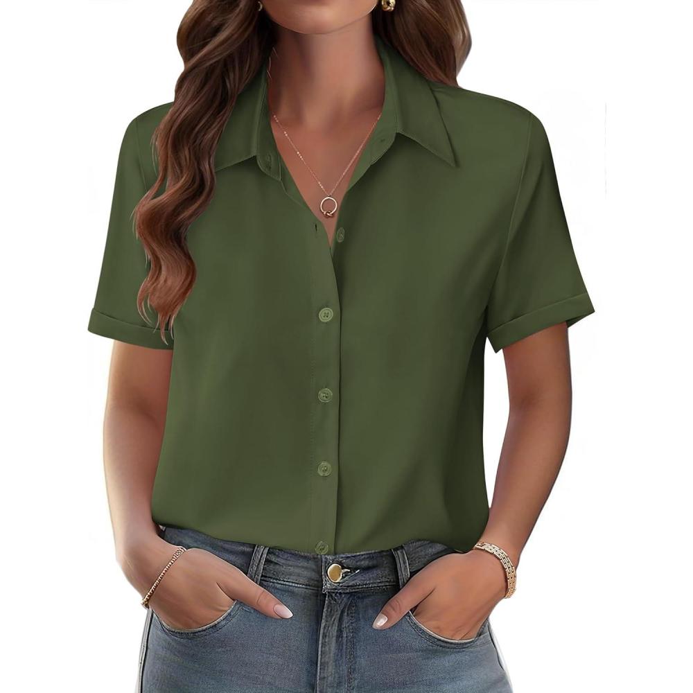 imageZeagoo Womens Button Down Blouse Rolled Cuffed Short Sleeve Shirts Casual Work Blouse Summer Hawaiian OutfitsArmy Green