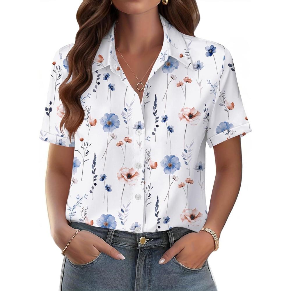 imageZeagoo Womens Button Down Blouse Rolled Cuffed Short Sleeve Shirts Casual Work Blouse Summer Hawaiian OutfitsBf112