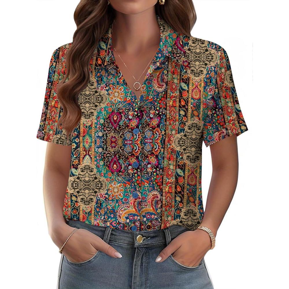 imageZeagoo Womens Button Down Blouse Rolled Cuffed Short Sleeve Shirts Casual Work Blouse Summer Hawaiian OutfitsMz721
