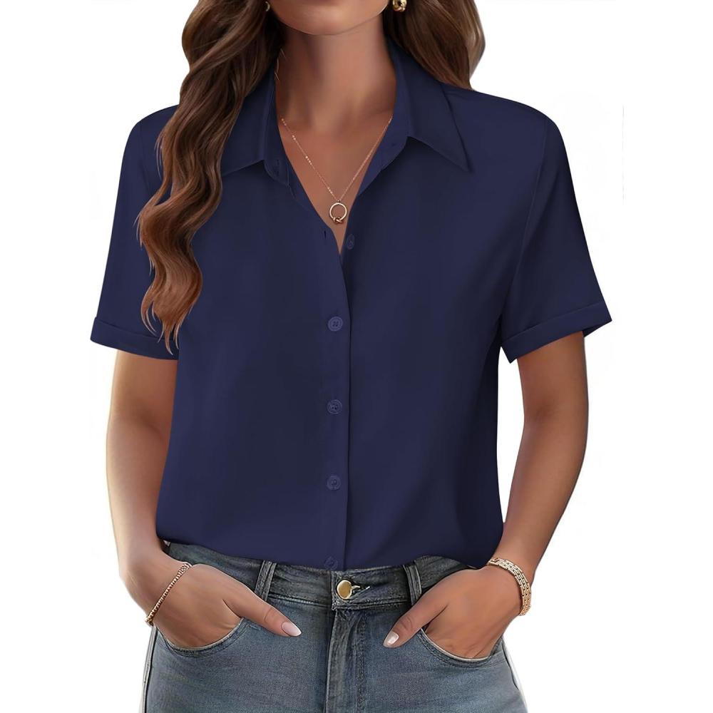imageZeagoo Womens Button Down Blouse Rolled Cuffed Short Sleeve Shirts Casual Work Blouse Summer Hawaiian OutfitsNavy