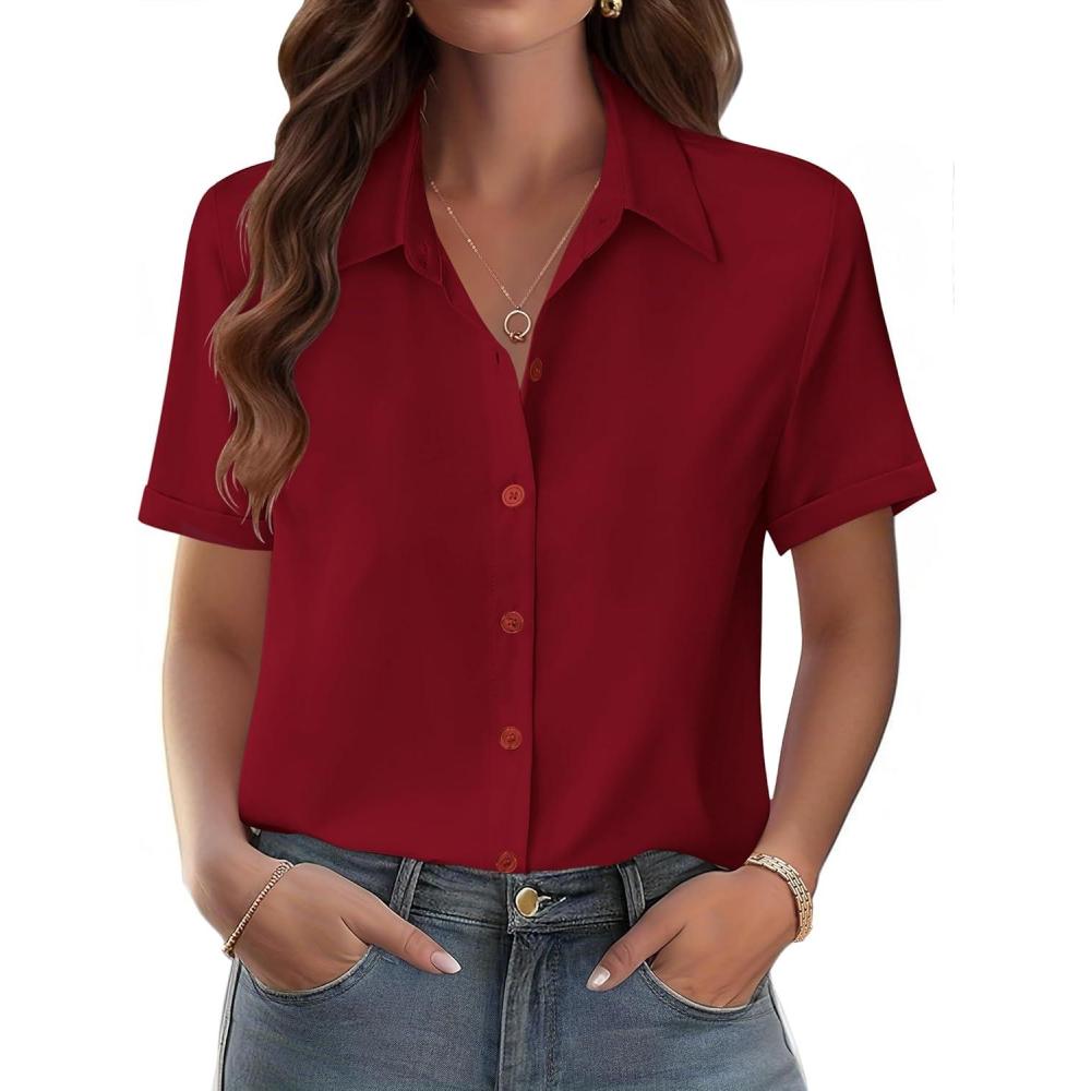 imageZeagoo Womens Button Down Blouse Rolled Cuffed Short Sleeve Shirts Casual Work Blouse Summer Hawaiian OutfitsRed