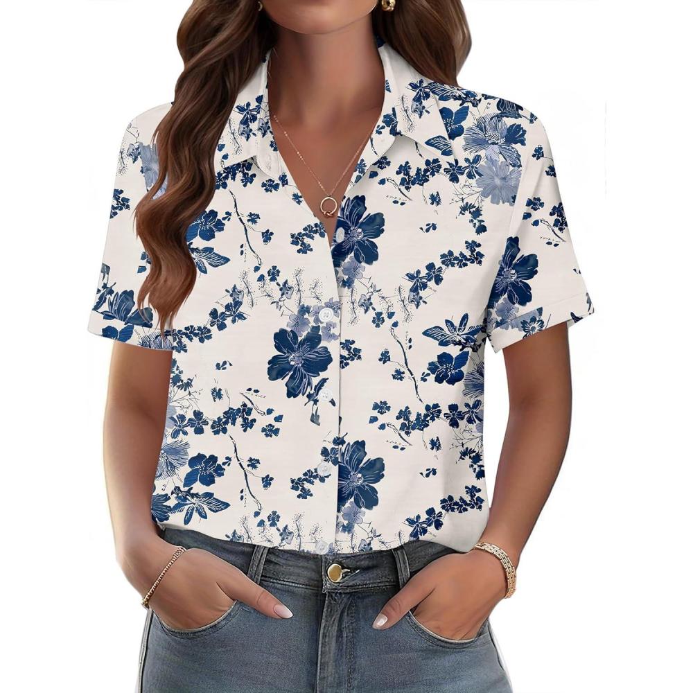 imageZeagoo Womens Button Down Blouse Rolled Cuffed Short Sleeve Shirts Casual Work Blouse Summer Hawaiian OutfitsSf198