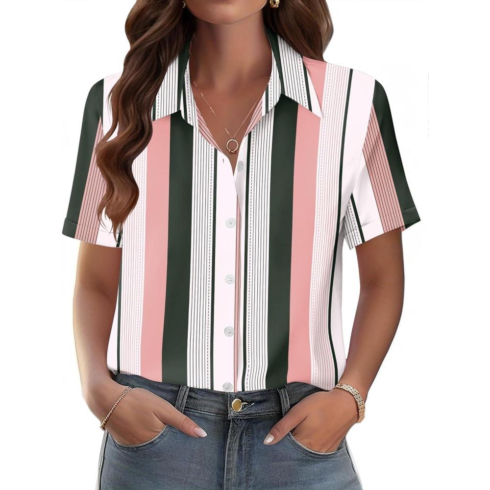 imageZeagoo Womens Button Down Blouse Rolled Cuffed Short Sleeve Shirts Casual Work Blouse Summer Hawaiian OutfitsTz264