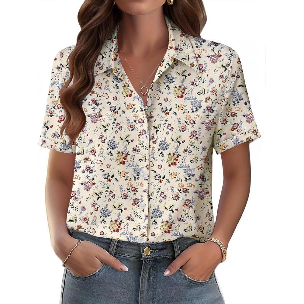 imageZeagoo Womens Button Down Blouse Rolled Cuffed Short Sleeve Shirts Casual Work Blouse Summer Hawaiian OutfitsXh216