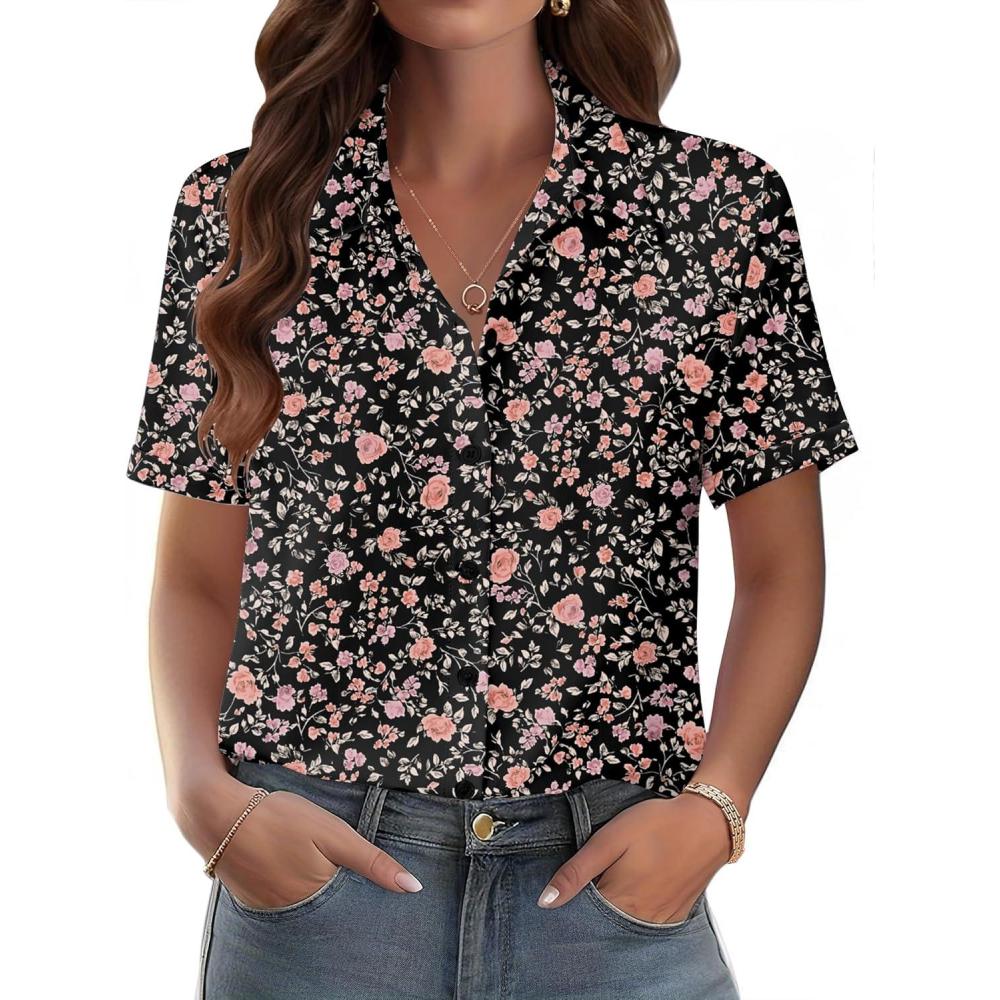 imageZeagoo Womens Button Down Blouse Rolled Cuffed Short Sleeve Shirts Casual Work Blouse Summer Hawaiian OutfitsXh532