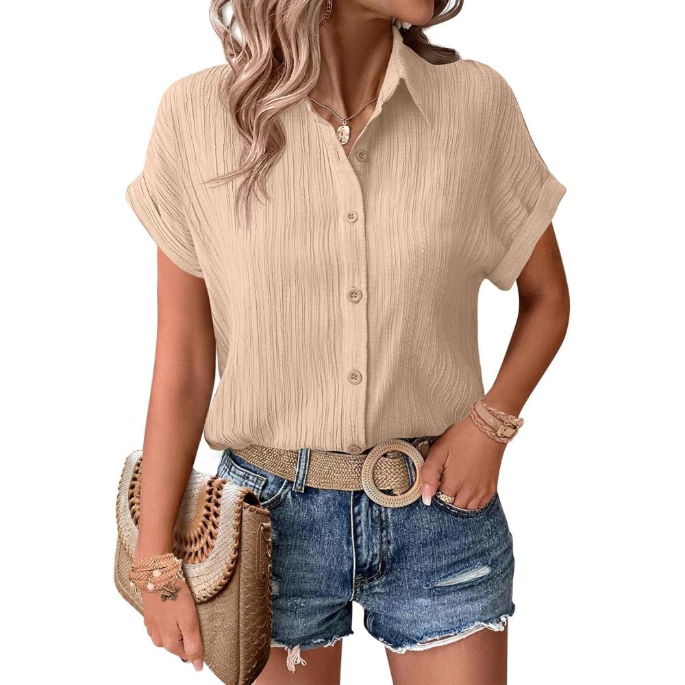 imageZeagoo Womens Button Down Shirts Casual Short Sleeve Dress Shirt Textured Collared Summer Clothes Work BlouseApricot