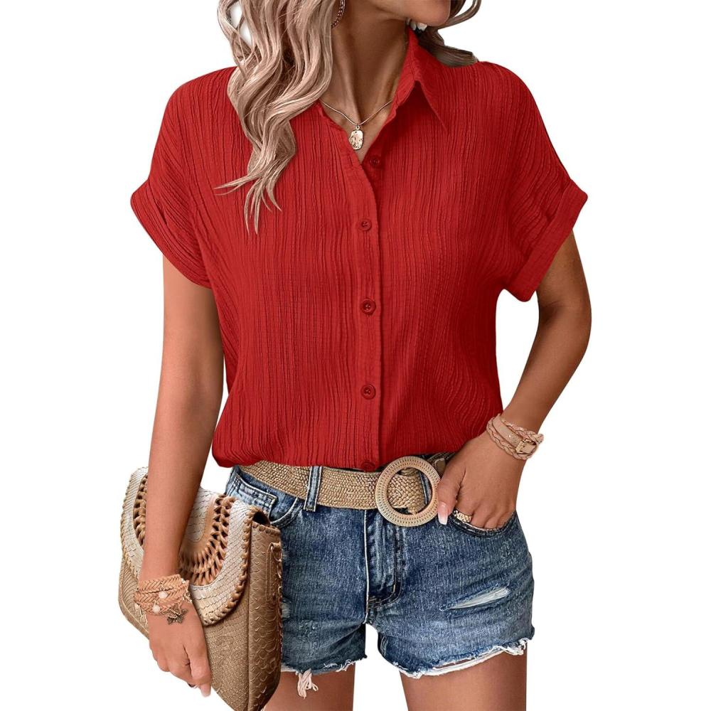 imageZeagoo Womens Button Down Shirts Casual Short Sleeve Dress Shirt Textured Collared Summer Clothes Work BlouseBright Red