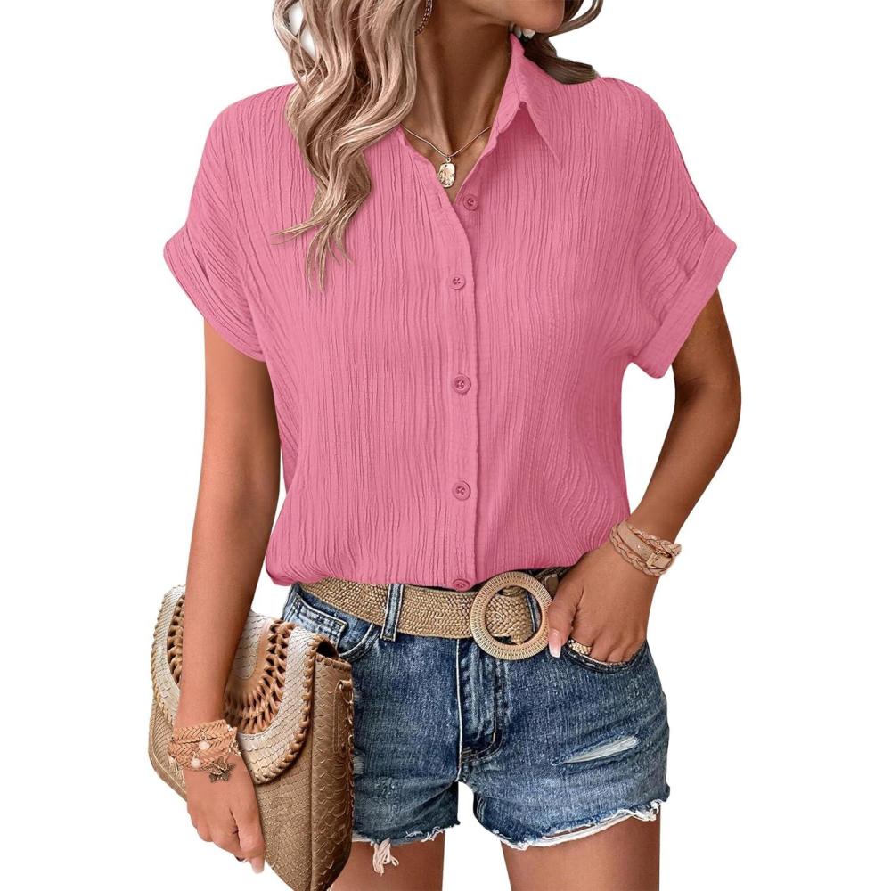 imageZeagoo Womens Button Down Shirts Casual Short Sleeve Dress Shirt Textured Collared Summer Clothes Work BlouseCoral
