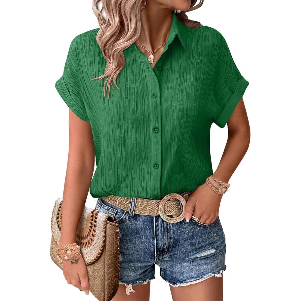imageZeagoo Womens Button Down Shirts Casual Short Sleeve Dress Shirt Textured Collared Summer Clothes Work BlouseEvergreen