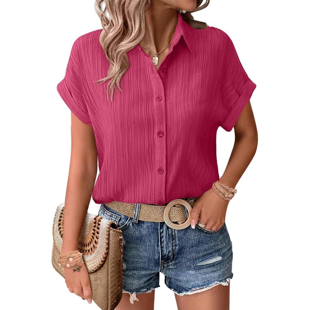 imageZeagoo Womens Button Down Shirts Casual Short Sleeve Dress Shirt Textured Collared Summer Clothes Work BlouseHot Pink