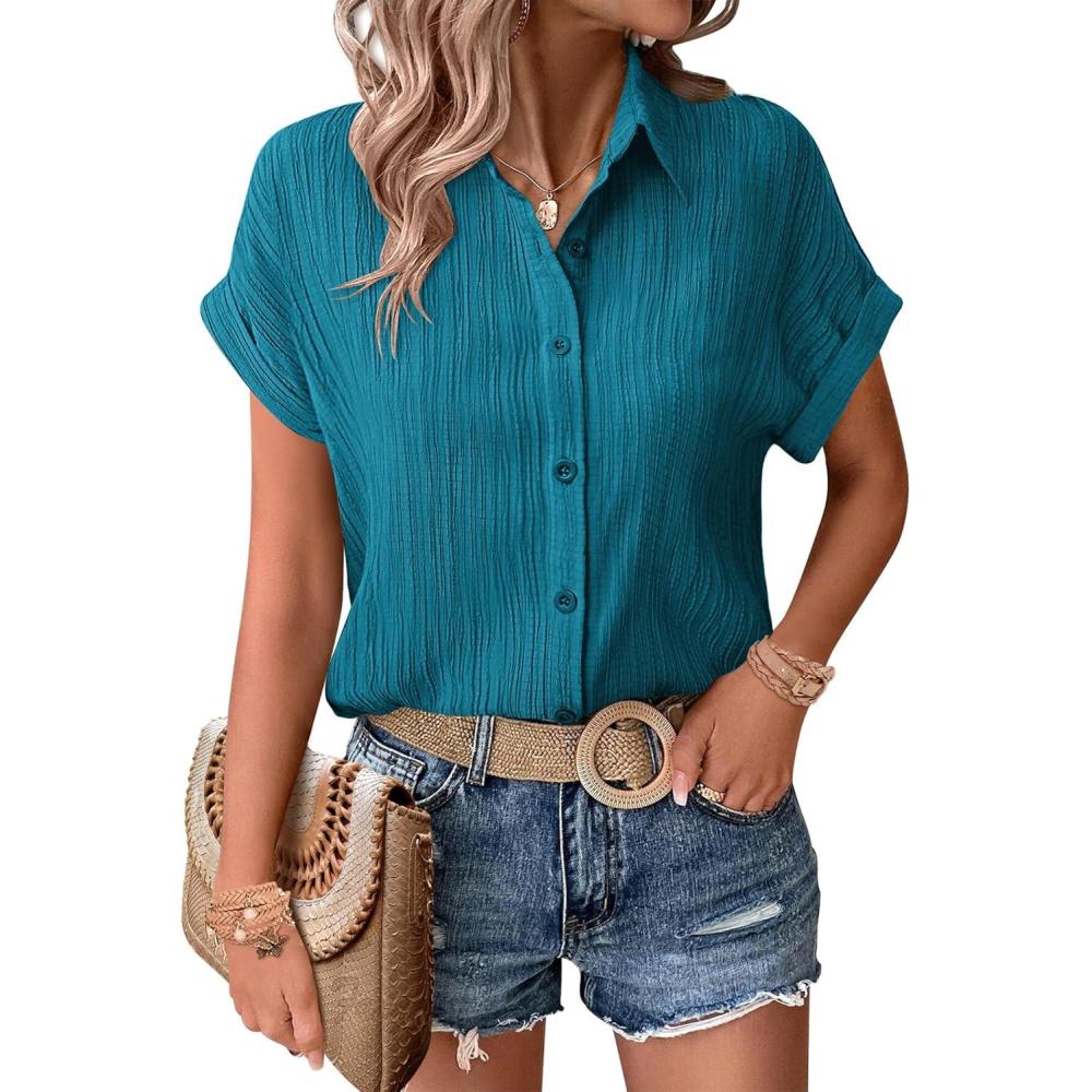 imageZeagoo Womens Button Down Shirts Casual Short Sleeve Dress Shirt Textured Collared Summer Clothes Work BlouseLake Blue