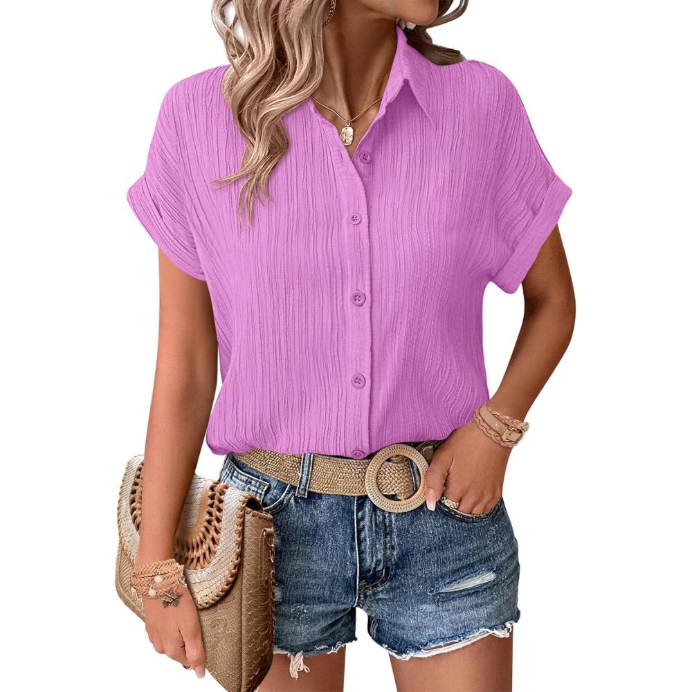 imageZeagoo Womens Button Down Shirts Casual Short Sleeve Dress Shirt Textured Collared Summer Clothes Work BlouseLavender