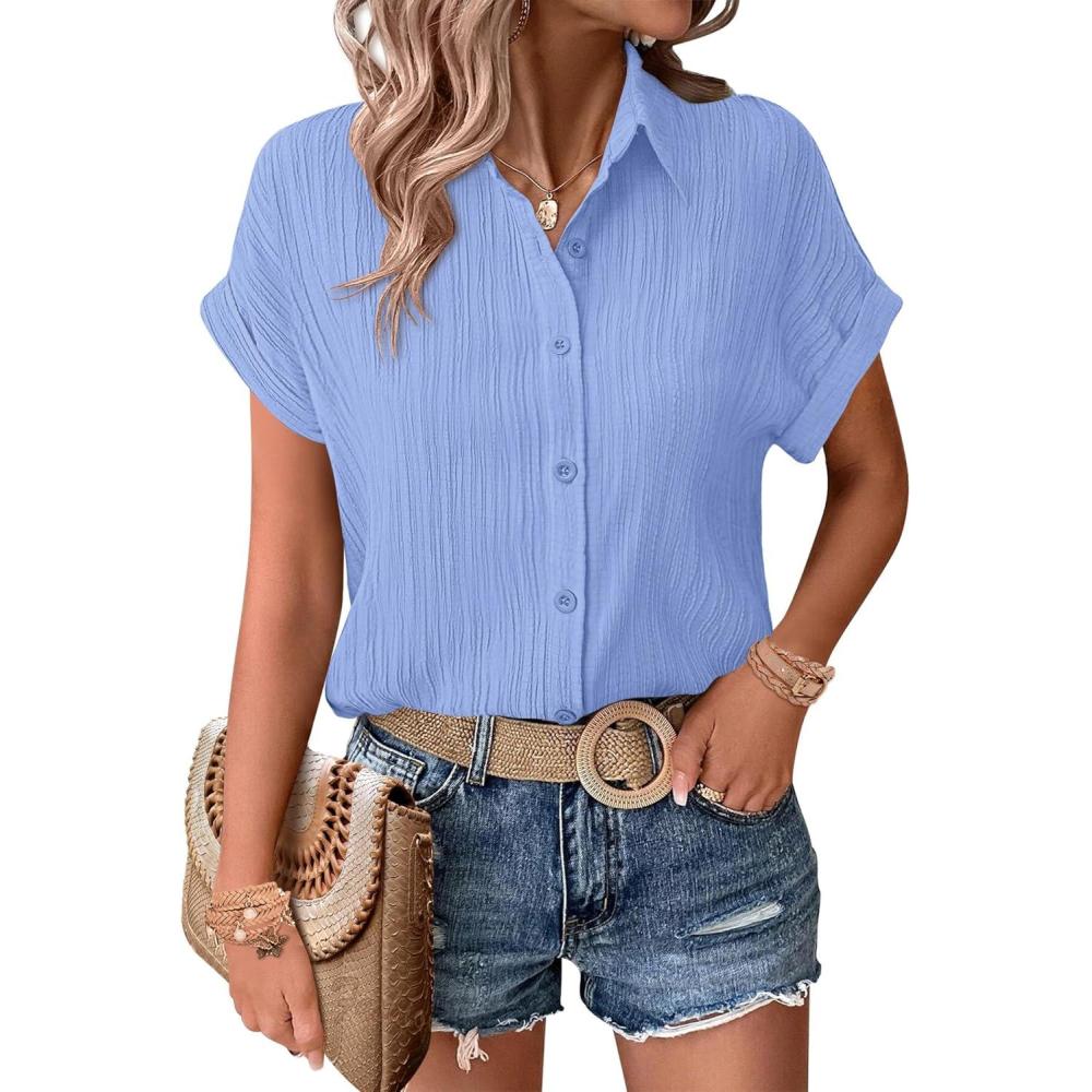 imageZeagoo Womens Button Down Shirts Casual Short Sleeve Dress Shirt Textured Collared Summer Clothes Work BlouseLight Blue