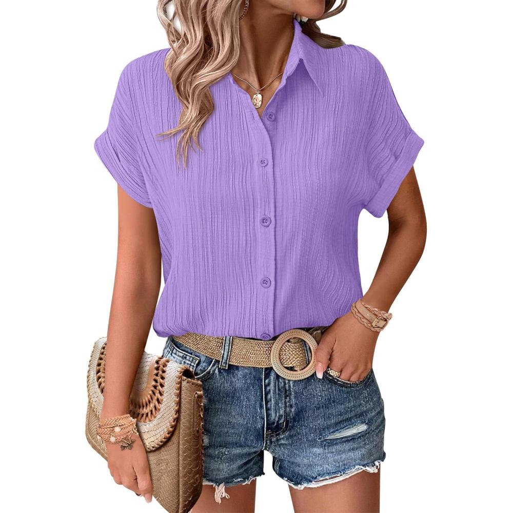imageZeagoo Womens Button Down Shirts Casual Short Sleeve Dress Shirt Textured Collared Summer Clothes Work BlouseLight Purple