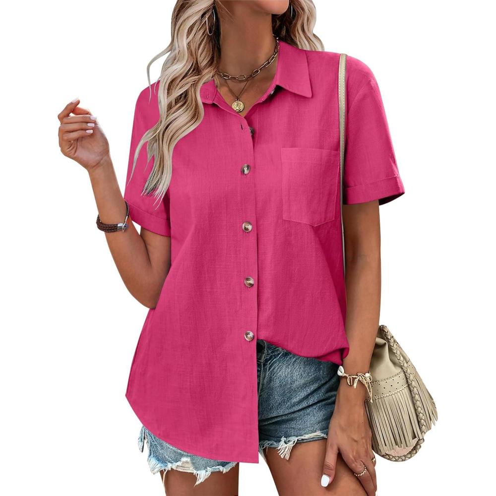 imageZeagoo Womens Button Down Shirts Color Block Short Sleeve Cotton Linen Summer Causal Blouses TopsHot Pink