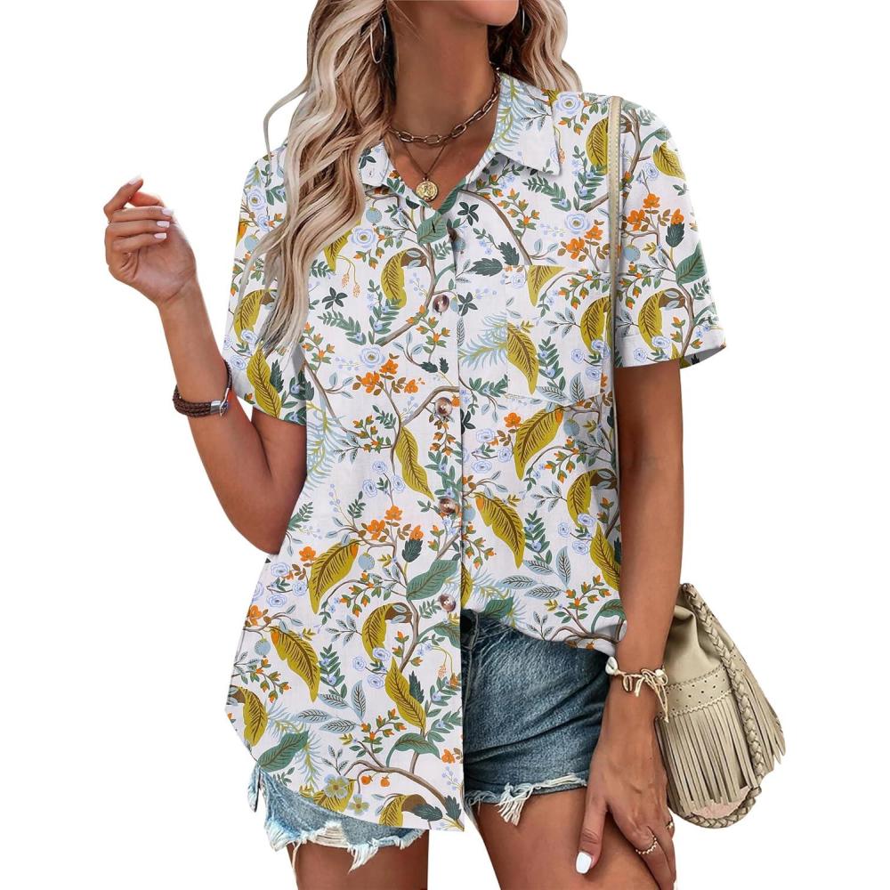 imageZeagoo Womens Button Down Shirts Color Block Short Sleeve Cotton Linen Summer Causal Blouses TopsZw810