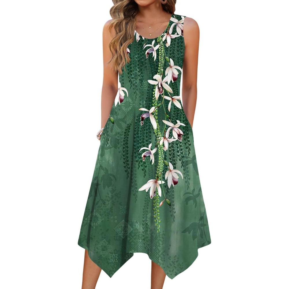 imageZeagoo Womens Casual Dress for Summer Tank Dress Loose Flowy Beach Dress with Pockets Hankerchief Flare Midi Sundress 202602 Green