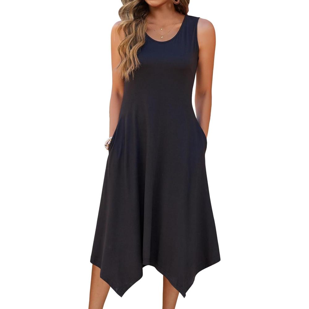 imageZeagoo Womens Casual Dress for Summer Tank Dress Loose Flowy Beach Dress with Pockets Hankerchief Flare Midi Sundress 2026Solid Black