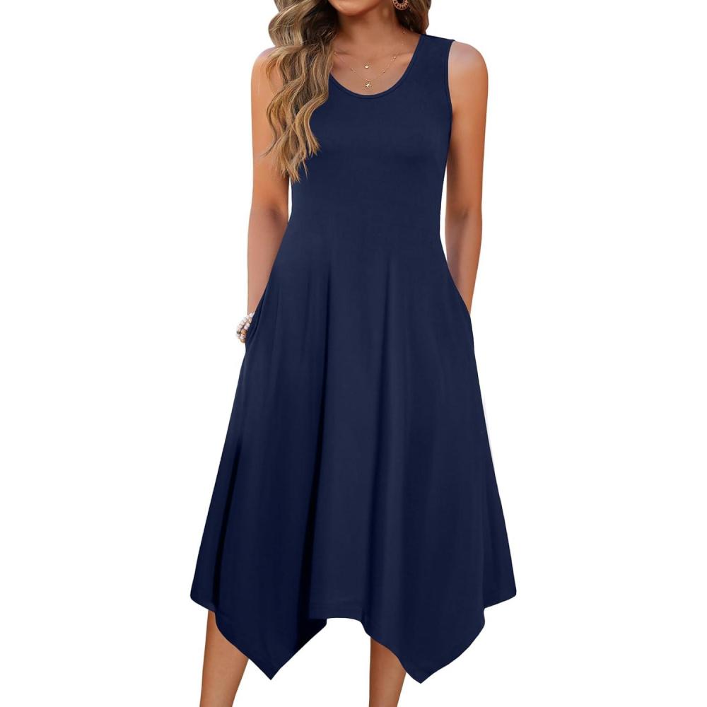 imageZeagoo Womens Casual Dress for Summer Tank Dress Loose Flowy Beach Dress with Pockets Hankerchief Flare Midi Sundress 2026Solid Navy