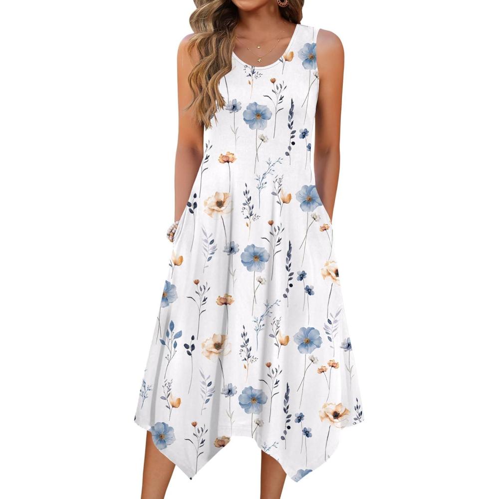 imageZeagoo Womens Casual Dress for Summer Tank Dress Loose Flowy Beach Dress with Pockets Hankerchief Flare Midi Sundress 2026White Floral
