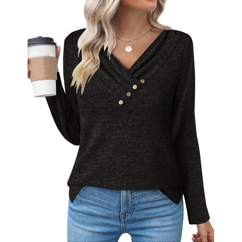 imageZeagoo Womens Casual Tunic Tops Long Sleeve Shirts for Leggings V Neck Button Fall Pullover Blouse Loose SweatshirtsBlack