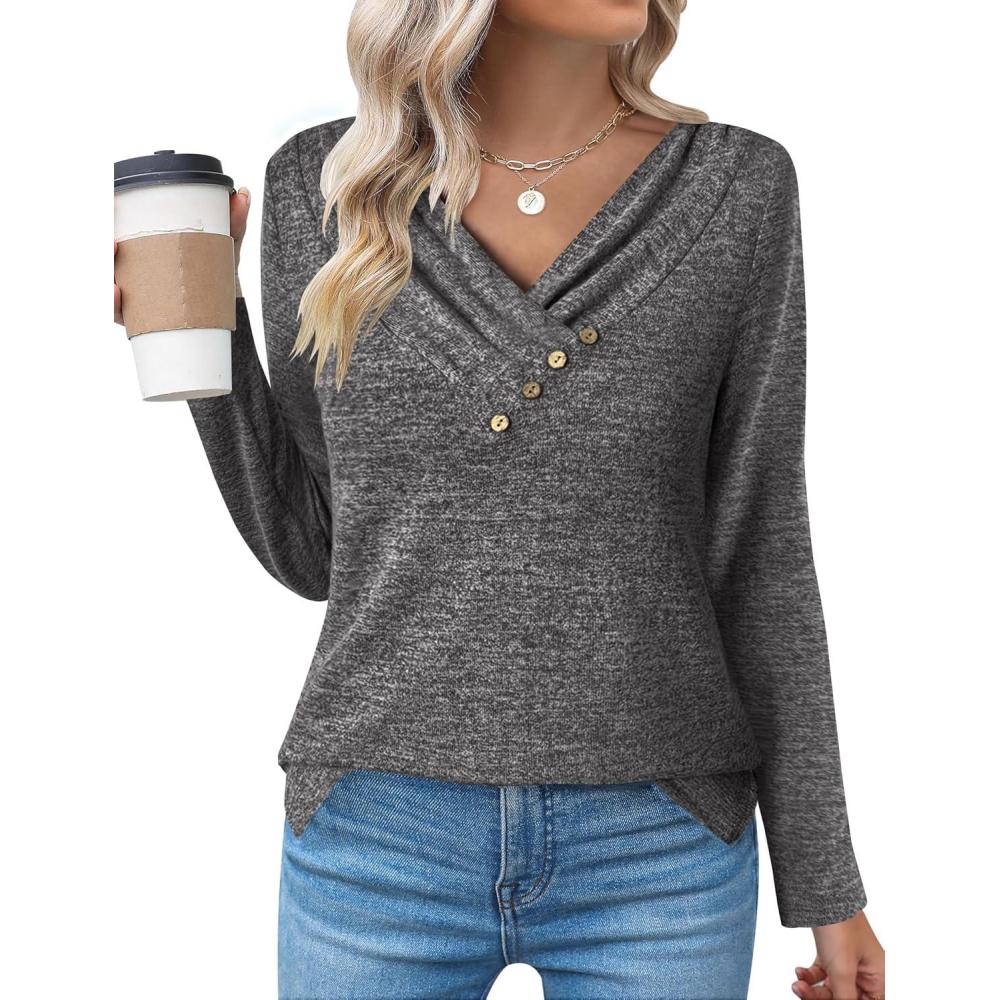imageZeagoo Womens Casual Tunic Tops Long Sleeve Shirts for Leggings V Neck Button Fall Pullover Blouse Loose SweatshirtsDark Gray