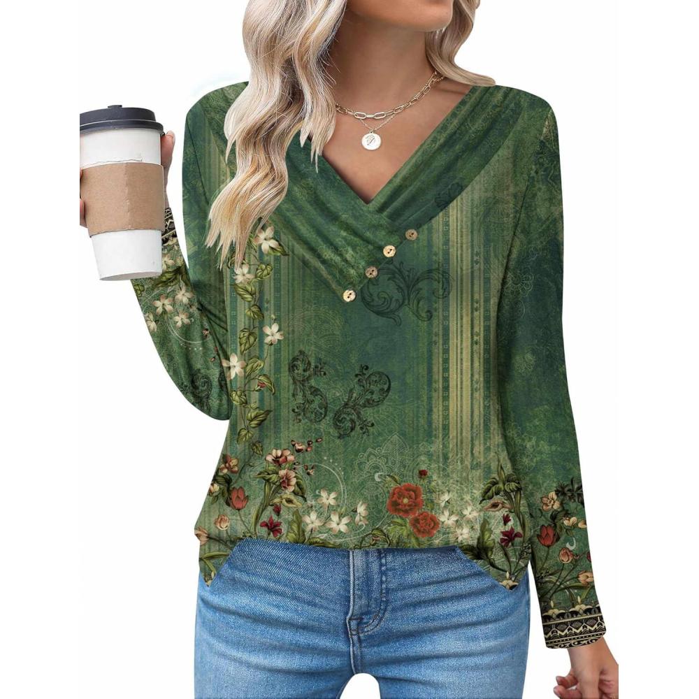 imageZeagoo Womens Casual Tunic Tops Long Sleeve Shirts for Leggings V Neck Button Fall Pullover Blouse Loose SweatshirtsGreenfloral Printed