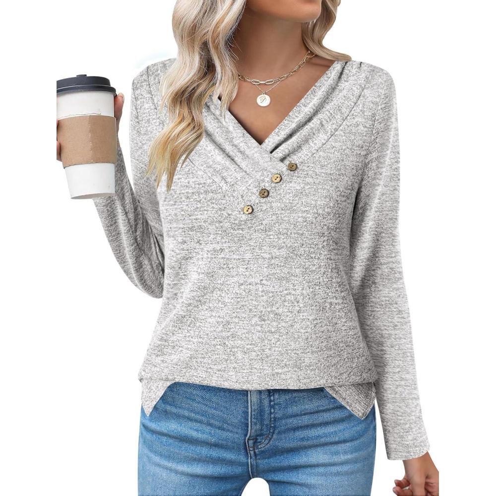 imageZeagoo Womens Casual Tunic Tops Long Sleeve Shirts for Leggings V Neck Button Fall Pullover Blouse Loose SweatshirtsGrey