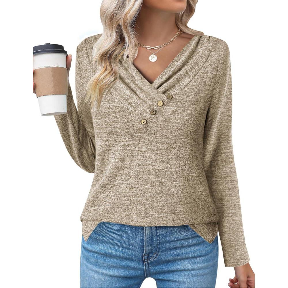 imageZeagoo Womens Casual Tunic Tops Long Sleeve Shirts for Leggings V Neck Button Fall Pullover Blouse Loose SweatshirtsKhaki