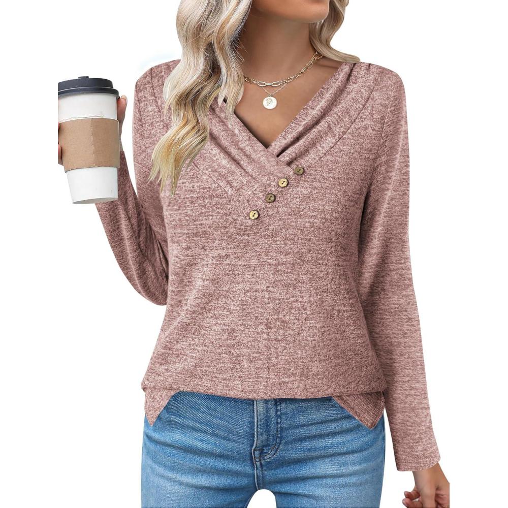 imageZeagoo Womens Casual Tunic Tops Long Sleeve Shirts for Leggings V Neck Button Fall Pullover Blouse Loose SweatshirtsLight Purple