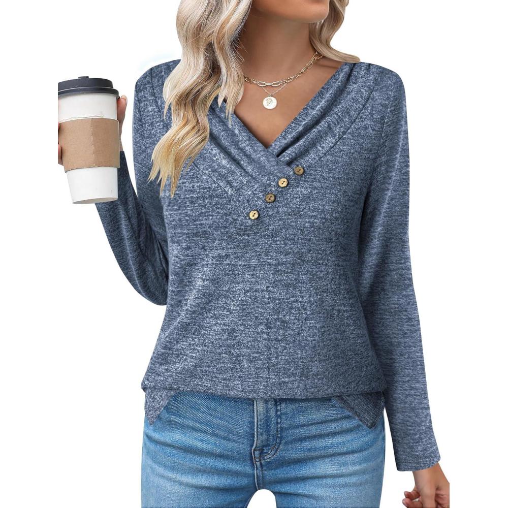 imageZeagoo Womens Casual Tunic Tops Long Sleeve Shirts for Leggings V Neck Button Fall Pullover Blouse Loose SweatshirtsNavy