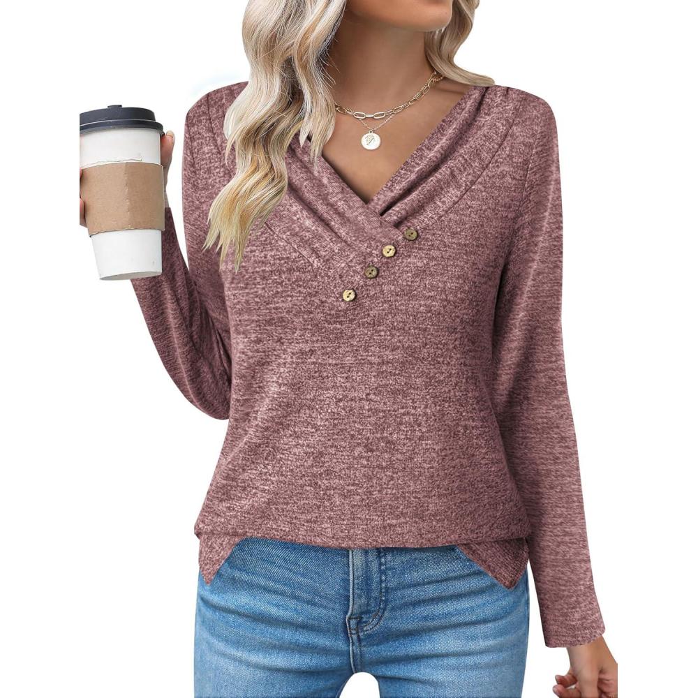 imageZeagoo Womens Casual Tunic Tops Long Sleeve Shirts for Leggings V Neck Button Fall Pullover Blouse Loose SweatshirtsRed