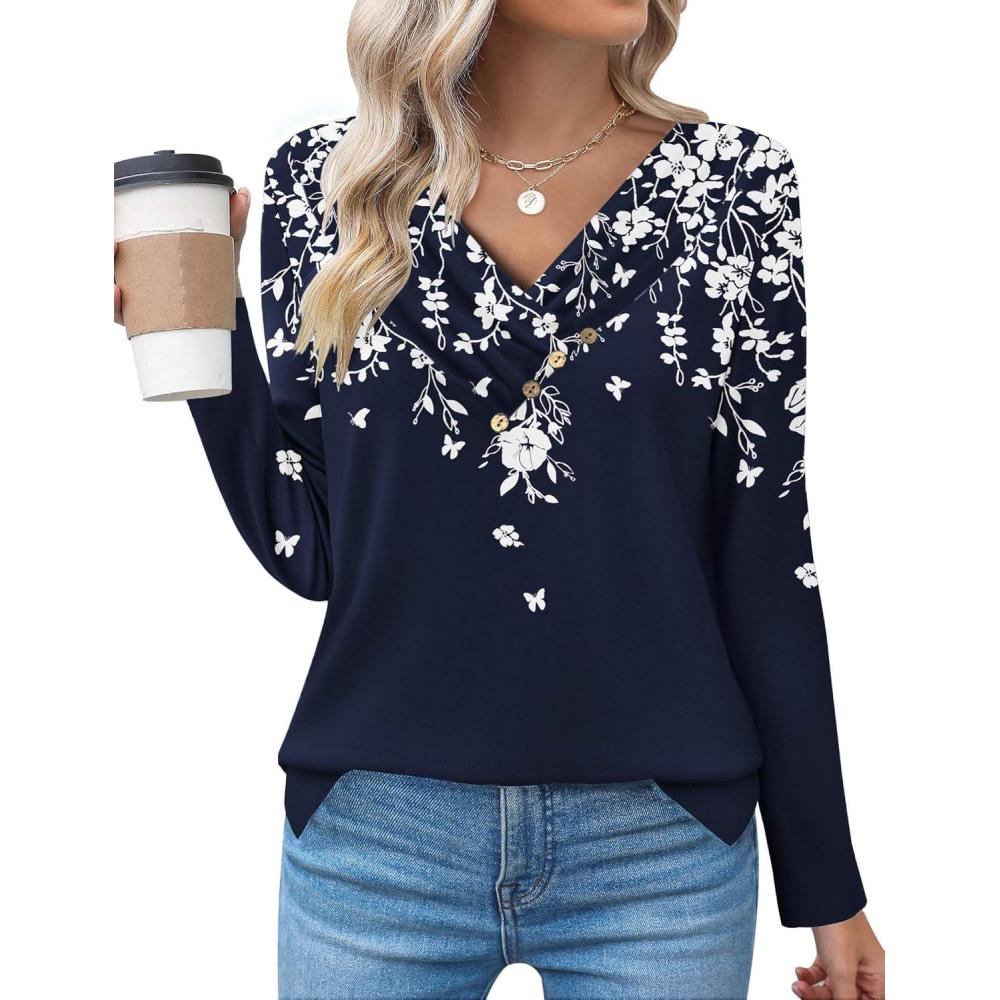 imageZeagoo Womens Casual Tunic Tops Long Sleeve Shirts for Leggings V Neck Button Fall Pullover Blouse Loose SweatshirtsSf103