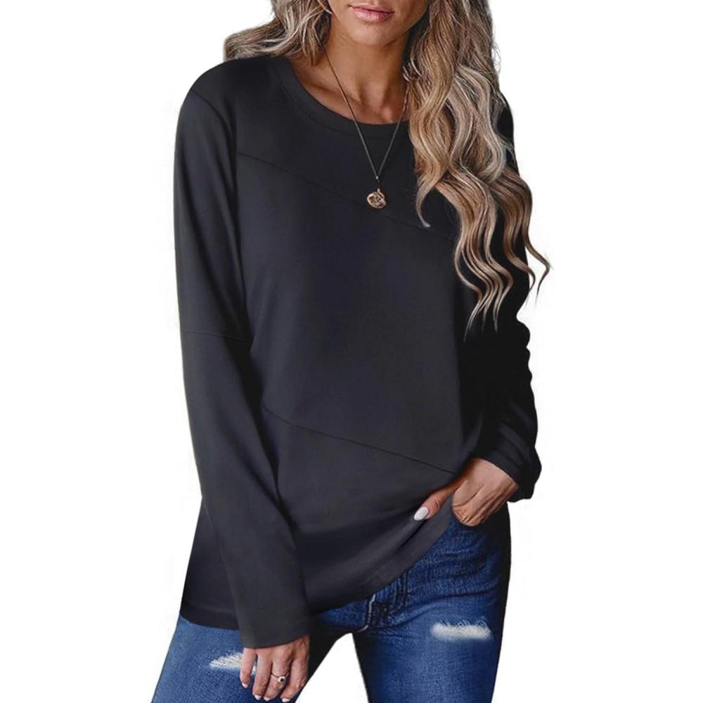 imageZeagoo Womens Color Block Tops Long Sleeve Fall Tunic Top Casual Round Neck Pullover Shirts Dressy Work Outfit 2025Black