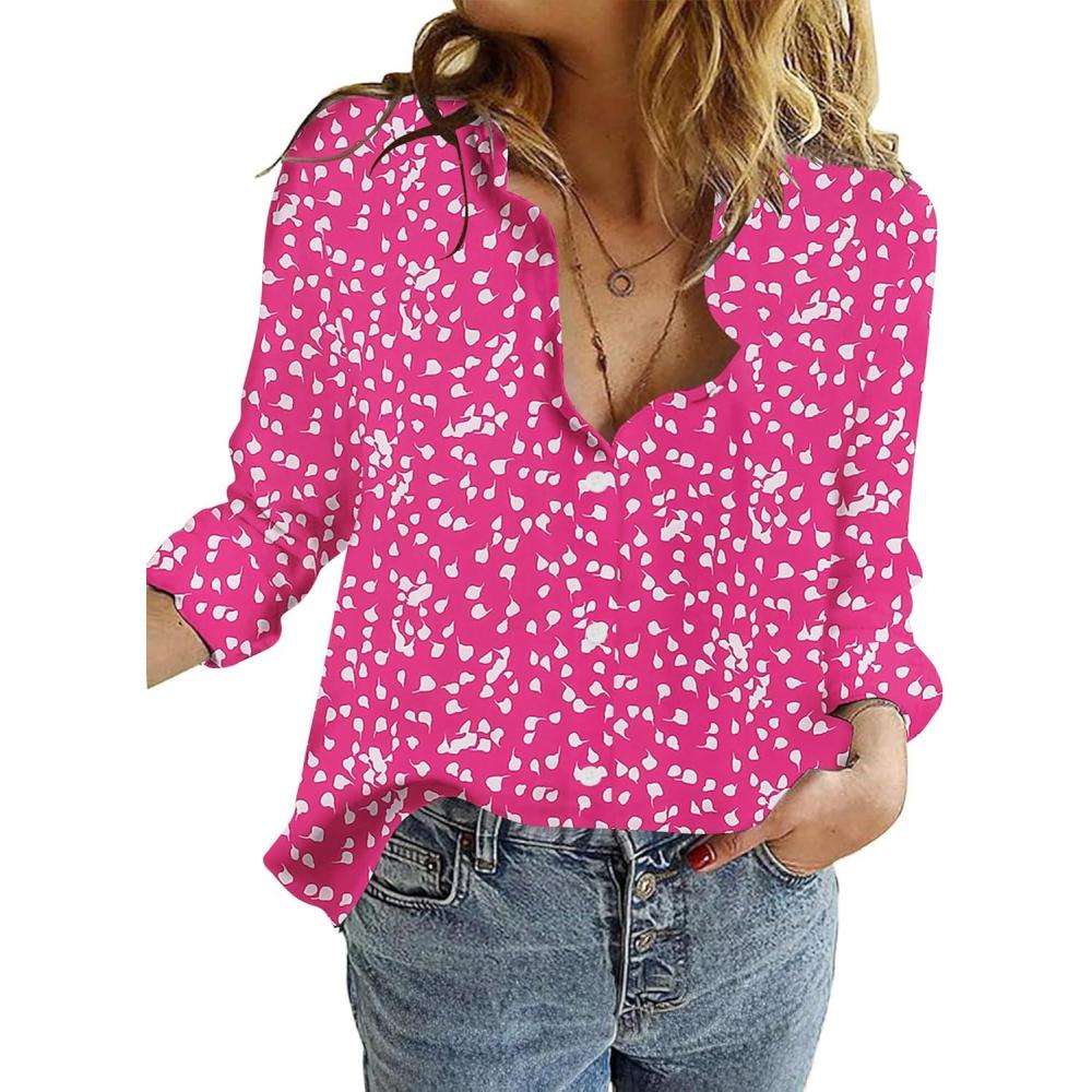 imageZeagoo Womens Cotton Button Down Shirts Long Sleeve V Neck Collared Tops Work Office Blouse Shirt 2025 SXXLRose Red Polka Dot