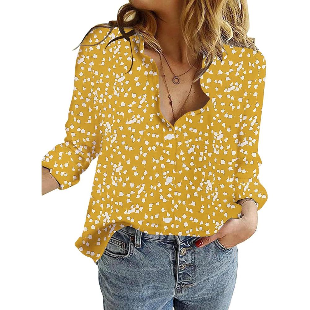 imageZeagoo Womens Cotton Button Down Shirts Long Sleeve V Neck Collared Tops Work Office Blouse Shirt 2025 SXXLYellow Polka Dot