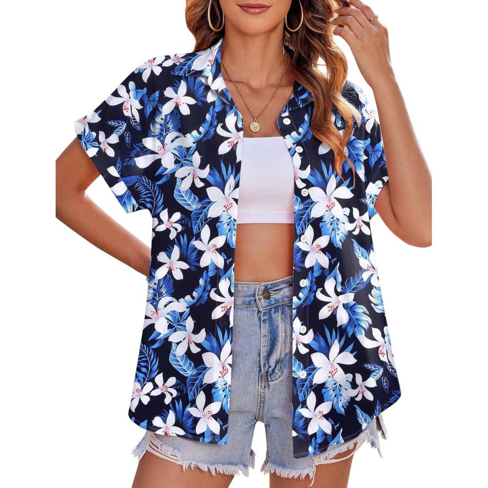imageZeagoo Womens Hawaiian Button Down Shirts Casual Short Sleeve Floral Tropical Print Summer Blouse Tunic TopAzw38