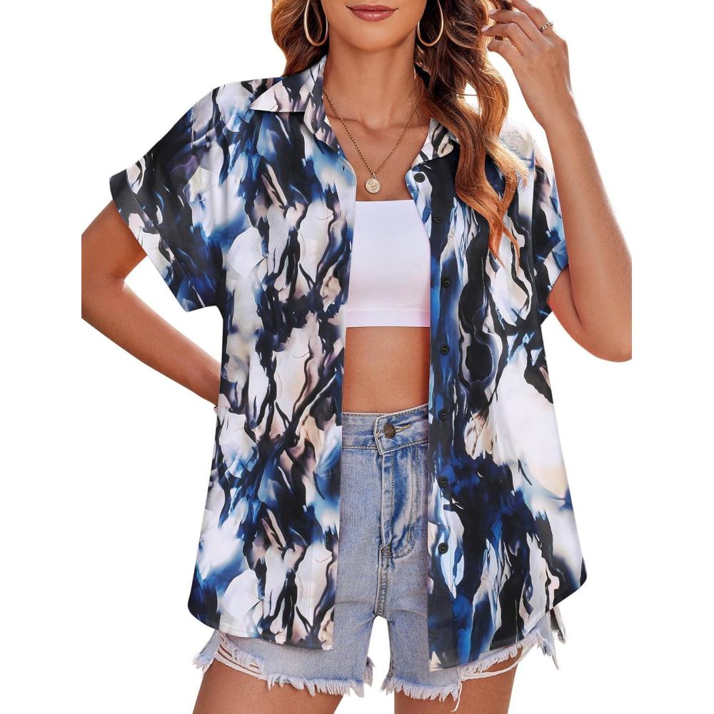imageZeagoo Womens Hawaiian Button Down Shirts Casual Short Sleeve Floral Tropical Print Summer Blouse Tunic TopZr220