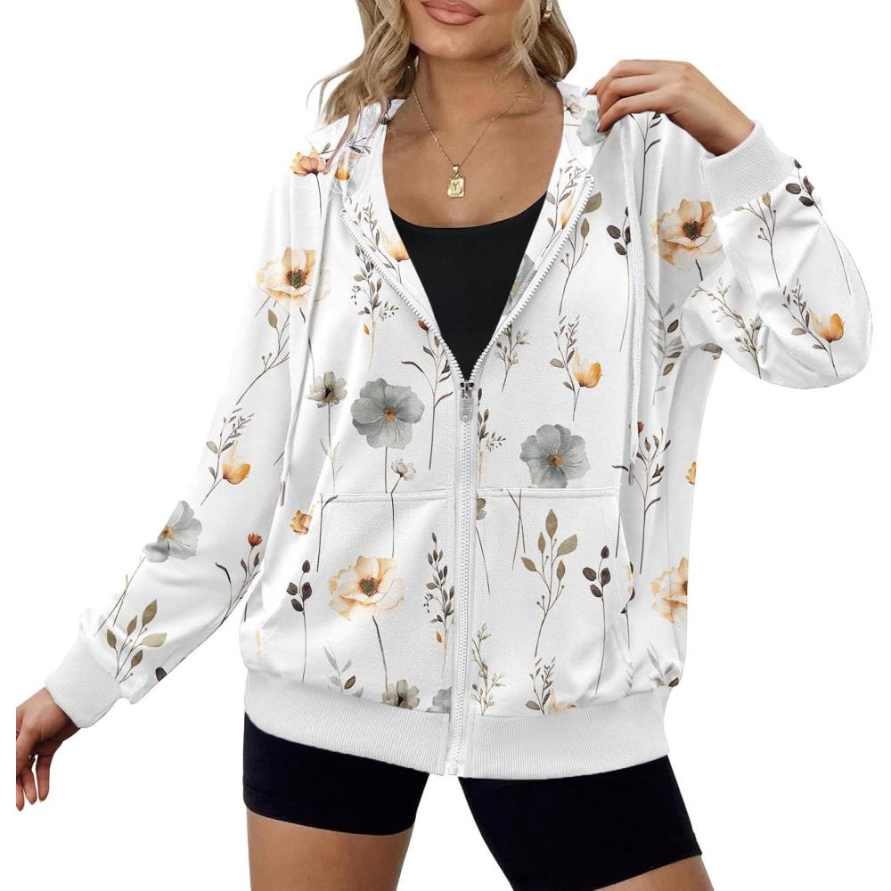 imageZeagoo Womens Lightweight Hoodies Full Zip Up Oversized Sweatshirts with Pockets Long Sleeve Thin Casual Hooded JacketsFloral Printed